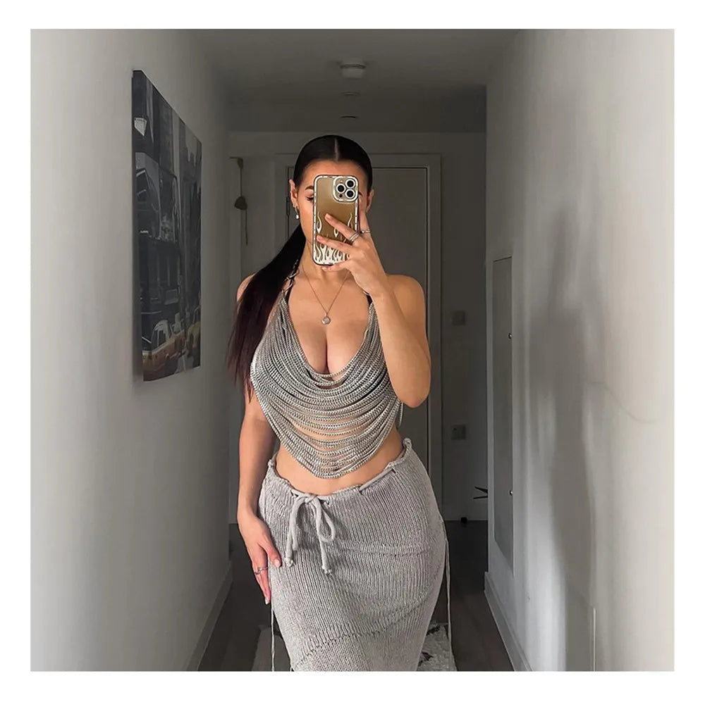 Women Metal Chain Tassel Tank Top Sexy Deep V Neck Backless Hollow Out See Through Crop Top Body Chain Party Club Camisole