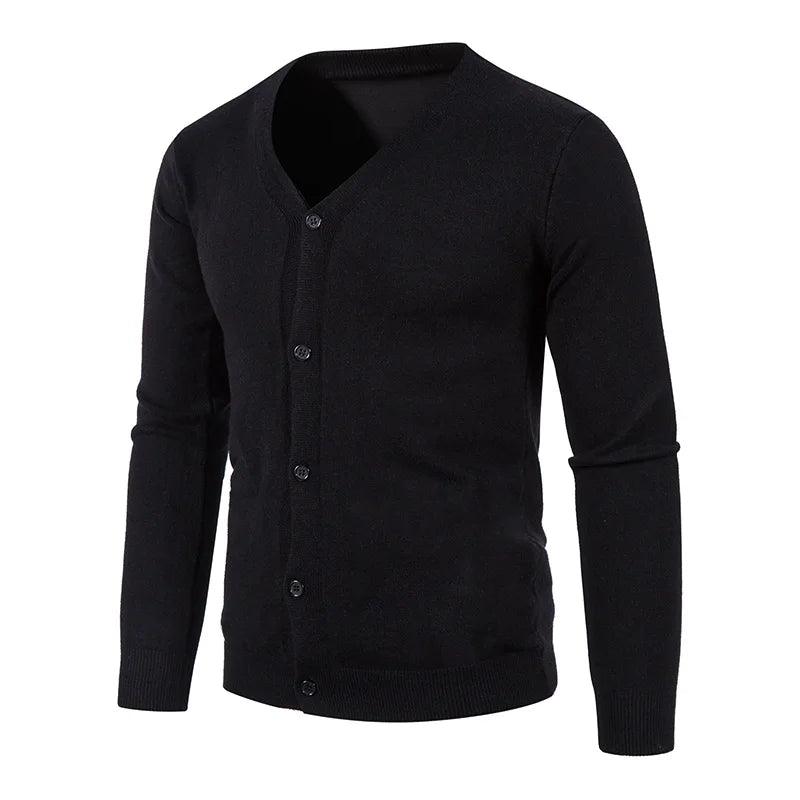 Cardigan de malha masculino de outono fino com decote em V básico elástico slim fit suéter fino cor sólida casual versátil casaco - CRAVO ROSE