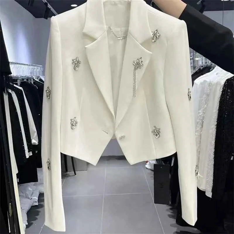 2025 Spring Women Long Sleeve Suit Short Coat Design Sense Heavy Industry Diamond studded Beads Wide Shoulders Irregular Suit