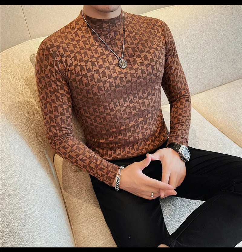 Camiseta elástica estampada de gola alta semi alta para homens, roupas de outono, nova, mangas compridas, jacquard, justa, cor sólida, camiseta slim fit