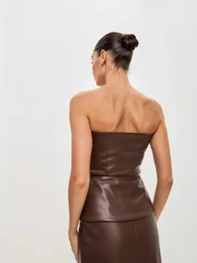 Pulôver Nsauye feminino, de um botão, sexy, sem alças, colete de couro, mini regata justa, moda verão 2025