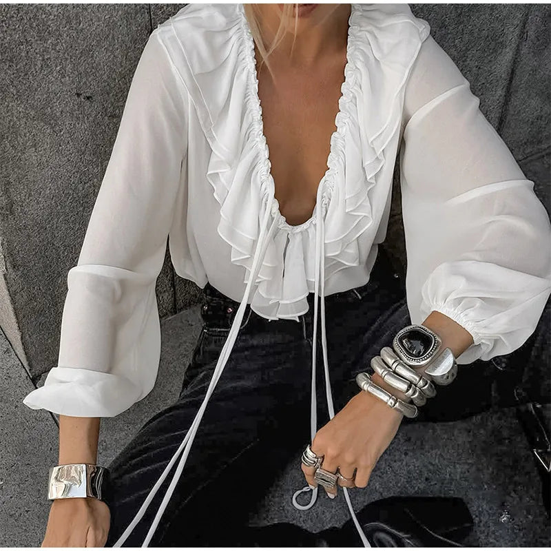 Blusa de chiffon com babados e manga comprida, blusa feminina casual solta, gola V, manga comprida, blusa de rua, primavera/verão 2025