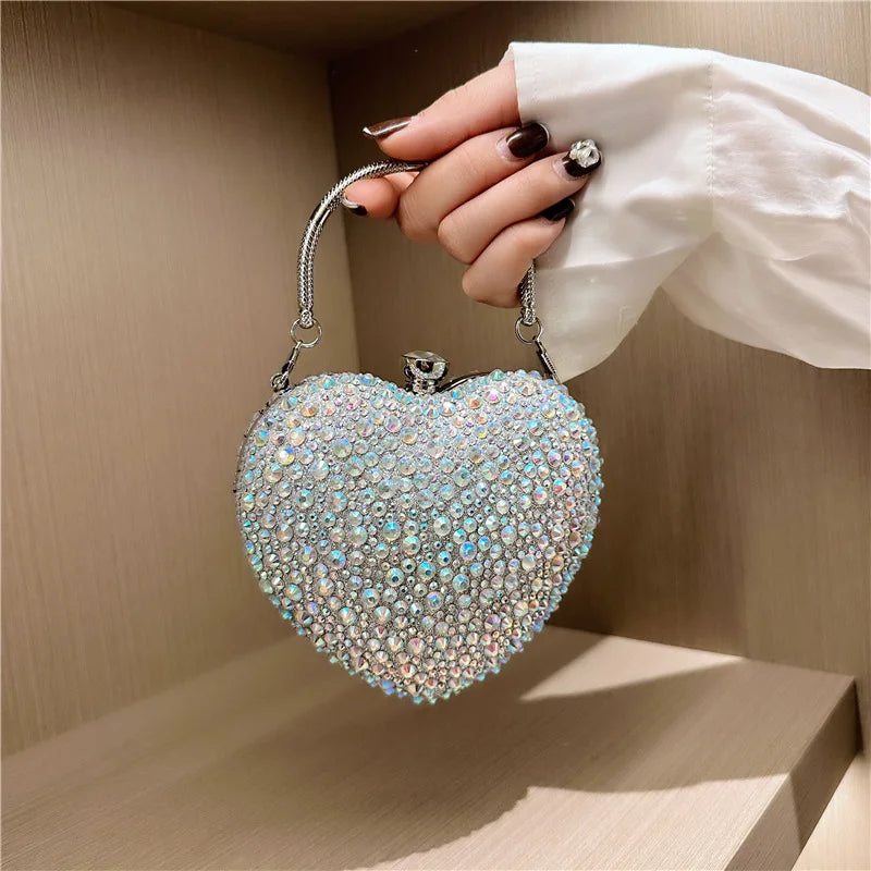 Luxury Diamond Inlay Heart Shape Crystal Clutch Purse Stones Evening Wedding Party Shoulder Bag Handle Rhinestone Mini Handbags - CRAVO ROSE