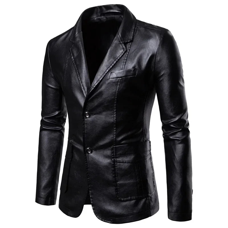 Jaqueta Lapela Vestido de Couro Casaco Terno Slim Fit Jaqueta À Prova de Vento Masculino Negócios Casual Pu Blazers