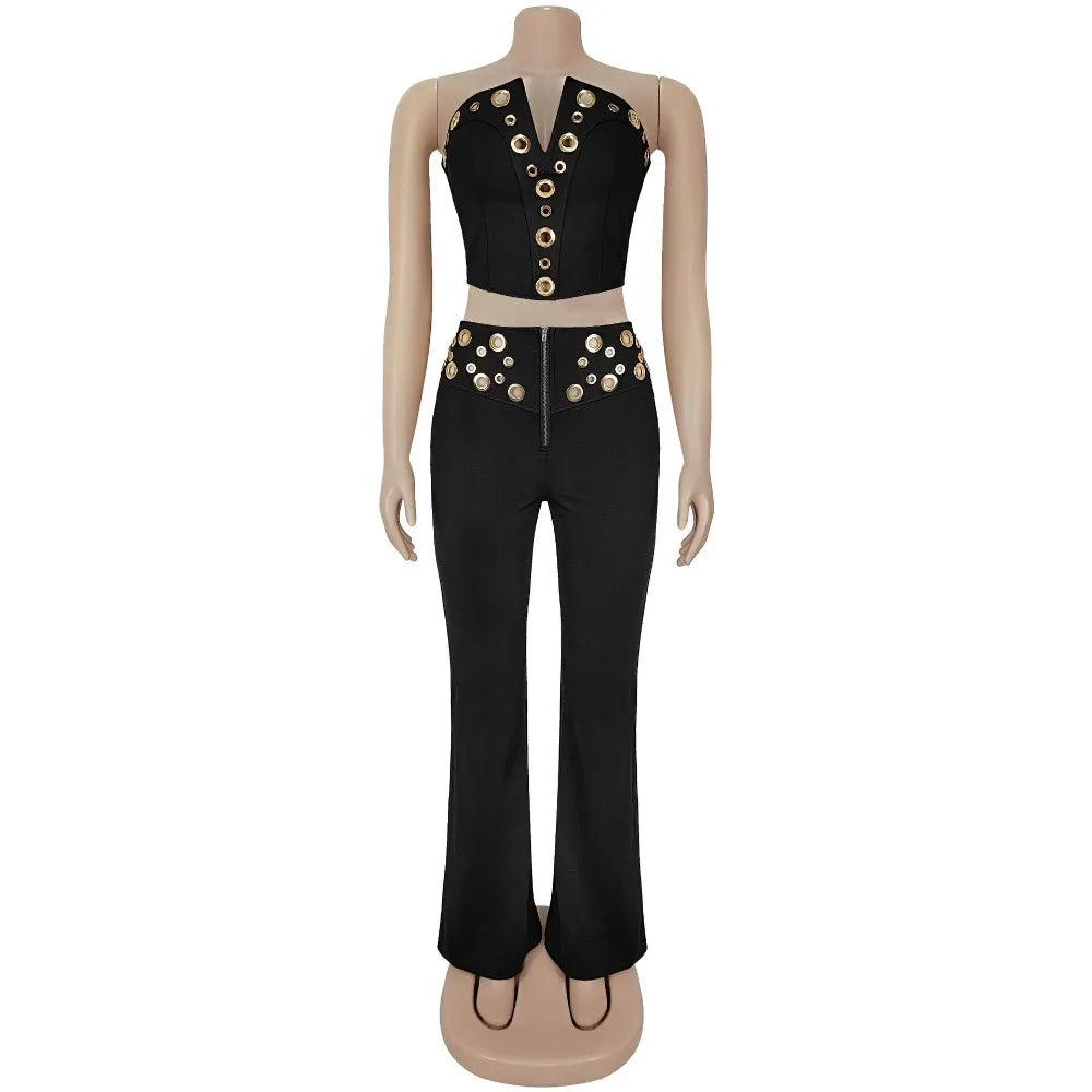 FLARORA Fashion Metal Ring Holes 2 Pcs Sets Woman Sleeveless Hollow Out Crop Tops And High Waist Flare Pants Elegant Streetwear