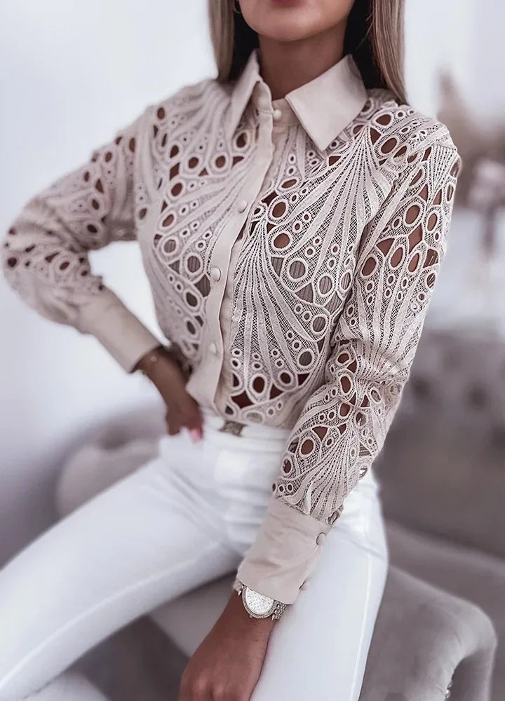 New Fashion Lace Hollow Long Sleeve Shirt For Women 2025 Spring Autumn Elegant Office Lady Blouse And Tops Casual Button Shirts
