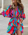 Print  Cross-border independent station fashion classic explosive autumn bat sleeve V-neck hemline irregular dress women's dress