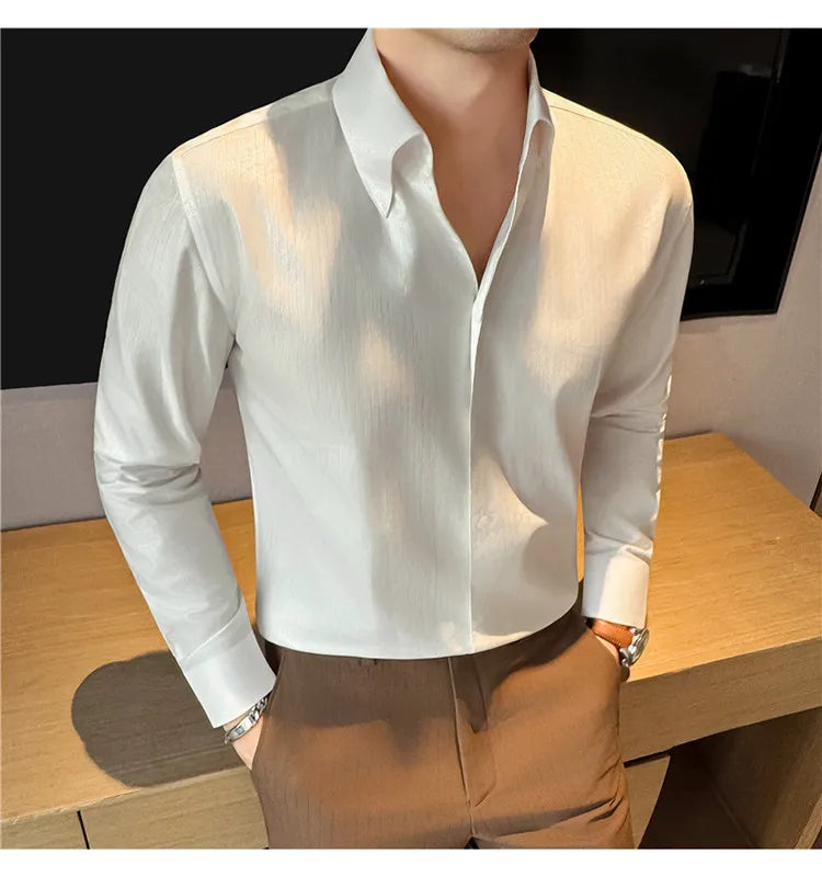 2026 Spring Fashion Big Collar Design Long Sleeved Shirt High Quality Men's Business Slim Fit Social Tuxedo Cotton Shirts