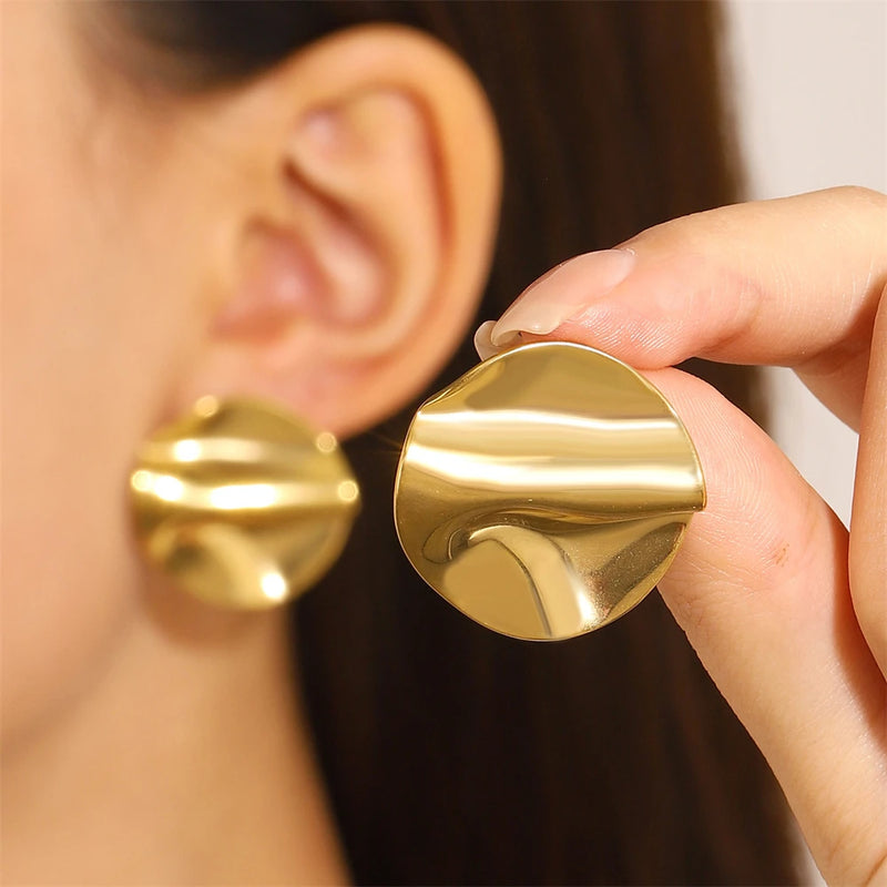 Stainless Steel Pleated Geometric Earrings For Women Girls Fashion Jewelry Trendy Vintage Women's Smooth Gold Color Stud Earring
