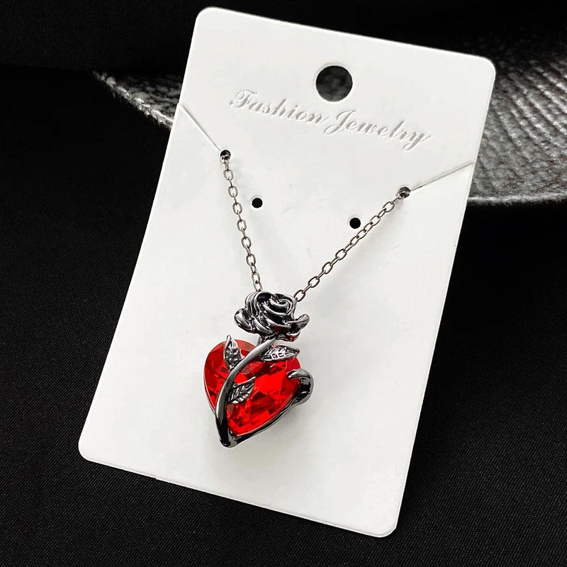 Gothic Rose Red Love Necklace Women's Y2K Grunge Jewelry Dainty Silver Color Tonebloody Human Heart Pendant Personalized Gifts - CRAVO ROSE