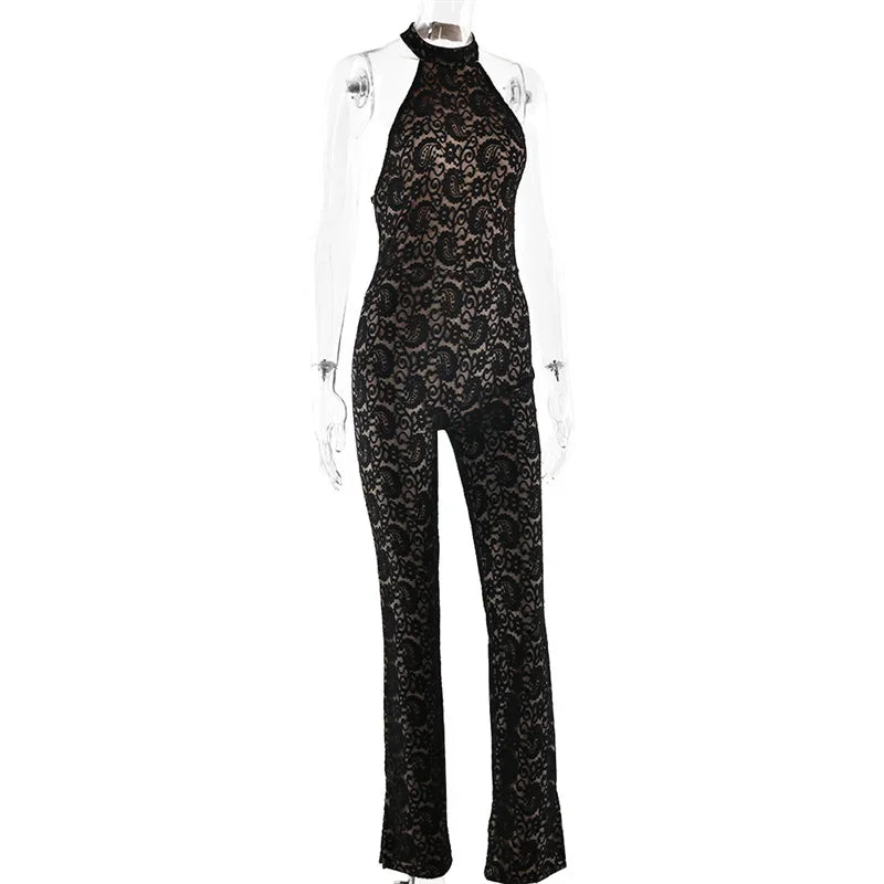 Lace Backless Sexy Jumpsuit Women Rompers Halter Off-shoulder Sleeveless Skinny Club Party Jumpsuits Female Clothes