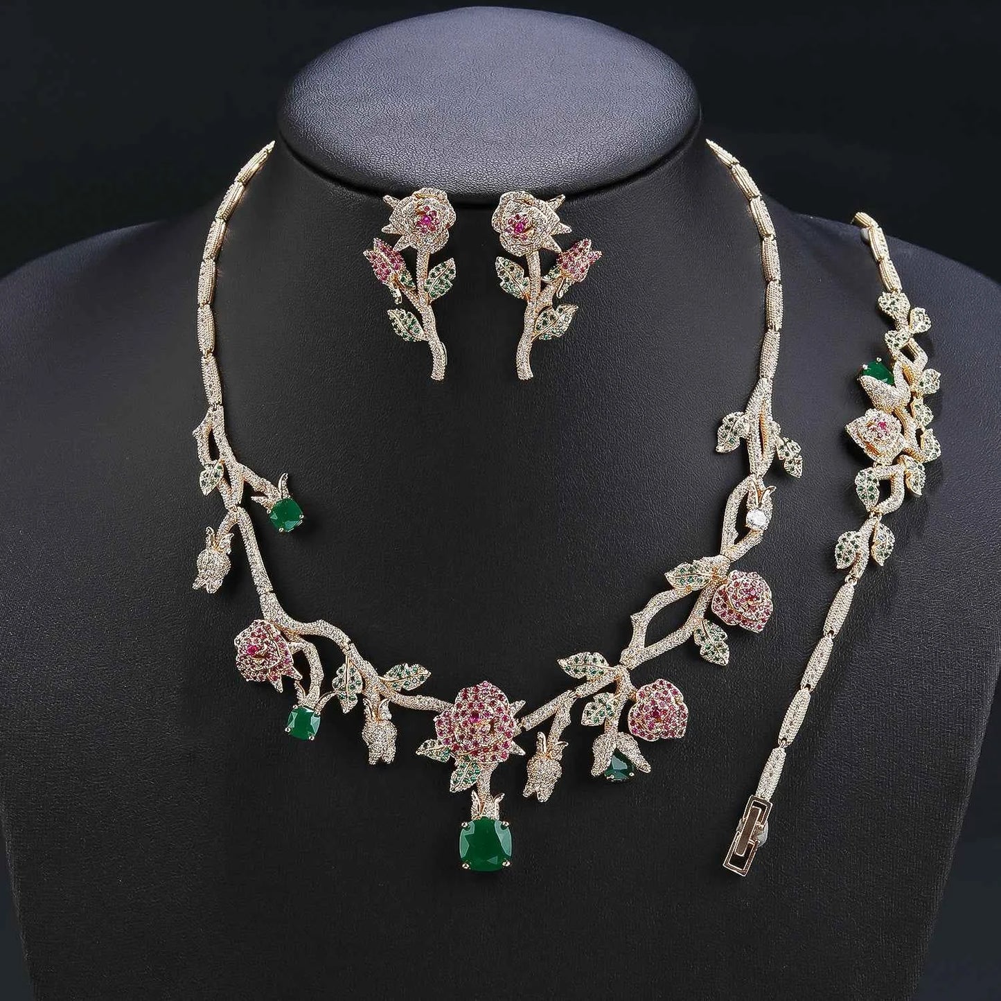 New Luxury 3-piece Cubic Zirconia Rose Flower Necklace Earrings Bracelet Set Bridal Wedding Ball Accessories CN10359T
