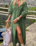 Vestido longo de algodão e linho, camisa com botões e decote em V, vestidos brancos, nova moda feminina, roupas elegantes e soltas