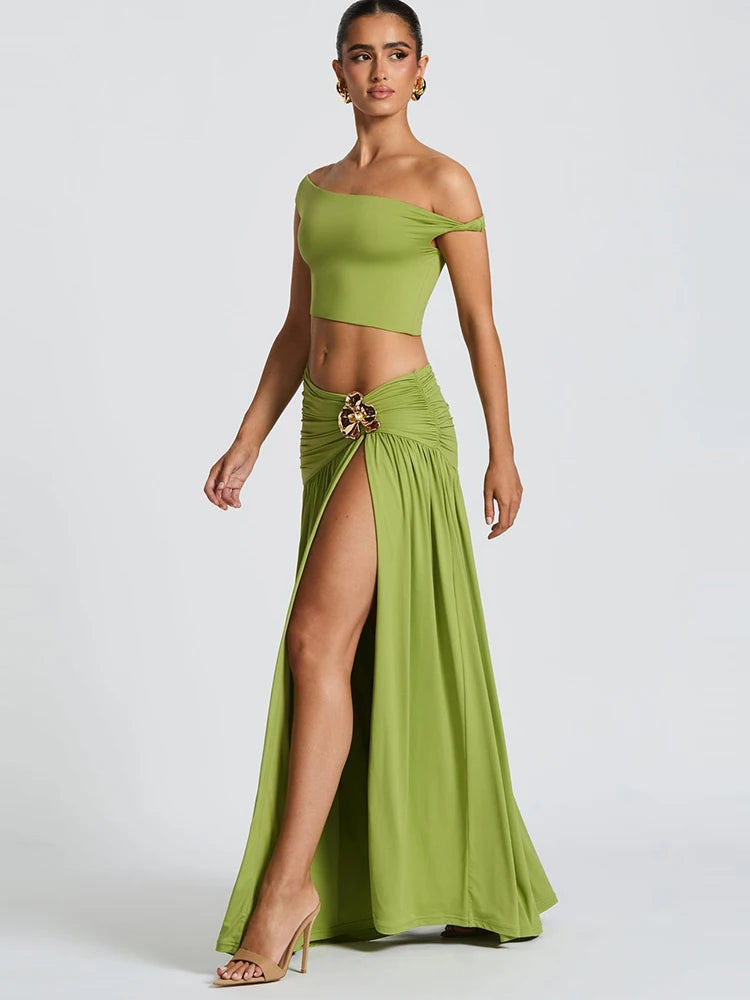 Sibybo Elegant Metal 2 Piece Set Women Partywear Oblique Shoulder Irregular Crop Top Side Slit Ruched Maxi Skirt Matching Outfit