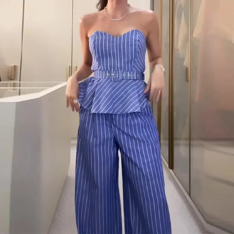 Sleeveless Strapless Tank Top Stripes Printed & Long Wide Leg Pants Women 2pcs Clothes Set Office