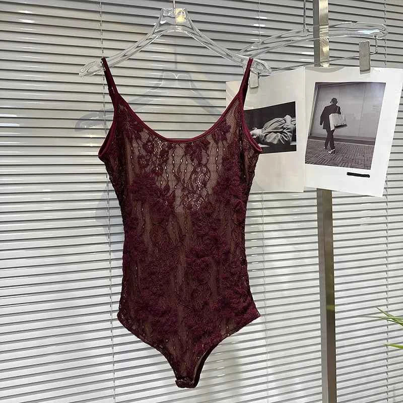 DEAT 2025 Autumn New Fashion Slim Fit Backless Lace One-Piece Camisole For Women Solid Color PU Leather Shorts Female 11A07083