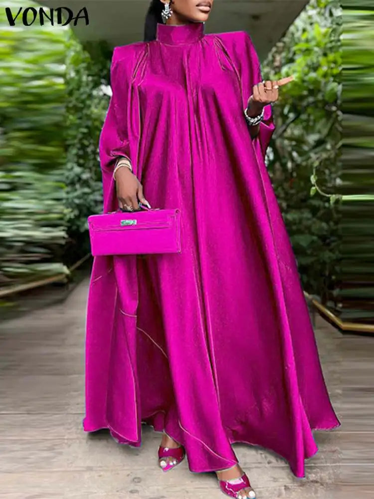VONDA Women Elegant Satin Dress 2024 Fashion Long Bat Sleeve Stand Collar Evening Pleated Maxi Sundress Casual Solid Loose Robe
