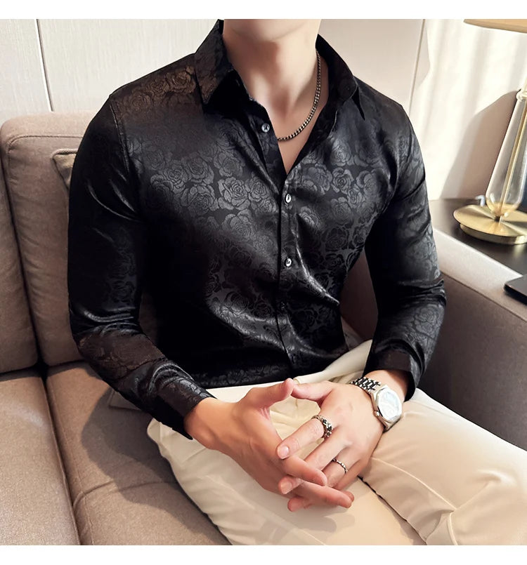 Men's Social Shirt New Rose Printed Long Sleeve Shirt Luxury Fashion Business Slim Fit Formal Shirt Men's Clothing 4XL-M