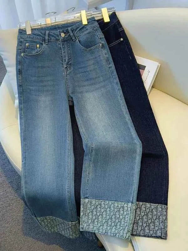 High-End Women's Straight Leg Jeans Loose Fit Spring Season Roll up Capri High Waist Denim Blue Flip  Thermal Regulation