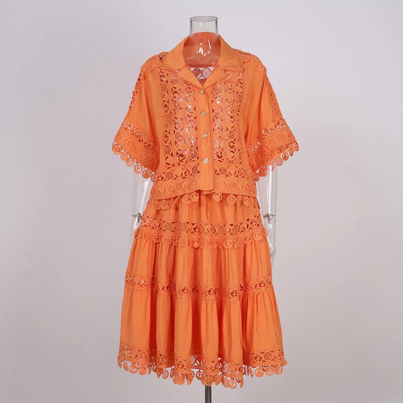 Luxury Hollow Out Dress Two Piece Set Women's 2025 Summer Holiday Embroidered Lace Jackets White Tops Pleated Short Skirts Suits