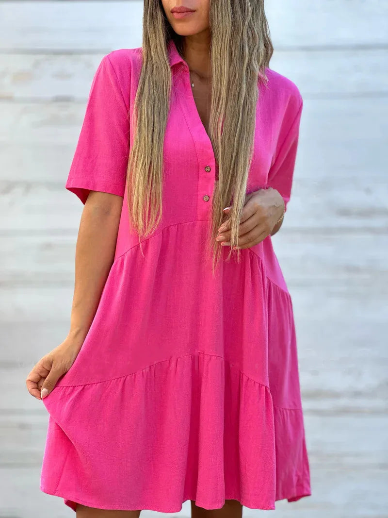 Vestido casual com lapela e babados, linha A, para férias na praia, solto, liso, de algodão e linho, manga curta