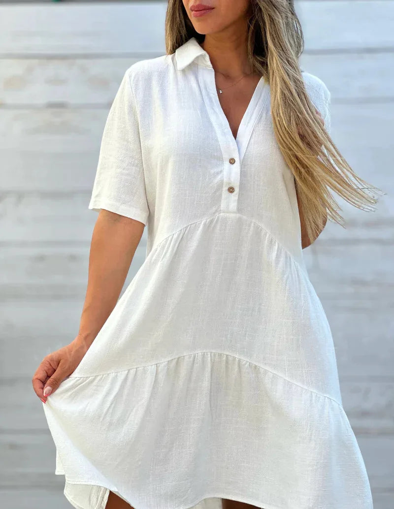 Vestido casual com lapela e babados, linha A, para férias na praia, solto, liso, de algodão e linho, manga curta