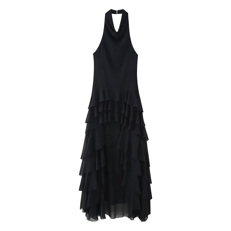 Vestido de festa elegante com babados, sexy, sem costas, sem mangas, estilo halter, para mulheres, verão 2025, chique, bainha irregular, preto, robe feminino