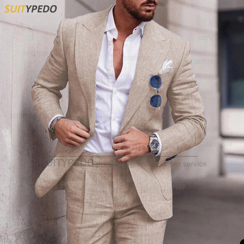 Terno masculino clássico de linho cinza, casamento na praia, padrinho, moda, baile, sob medida, casual, slim fit, blazer, calças, 2 peças - CRAVO ROSE