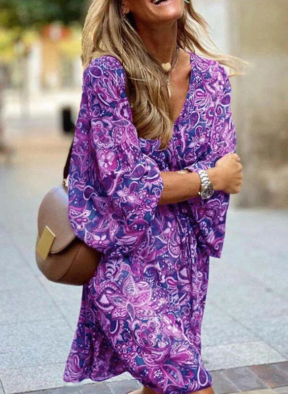 Vestido feminino com estampa floral, vintage, para trabalho, decote em V, elegante, plissado, paisley, manga bufante, babados, vestido casual