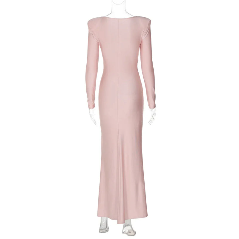 Elegant High Waist Folds Long Maxi Pink Dresses for Women 2025 Chic O-neck Long Sleeve Tunics Slim Solid Party Evening Dress