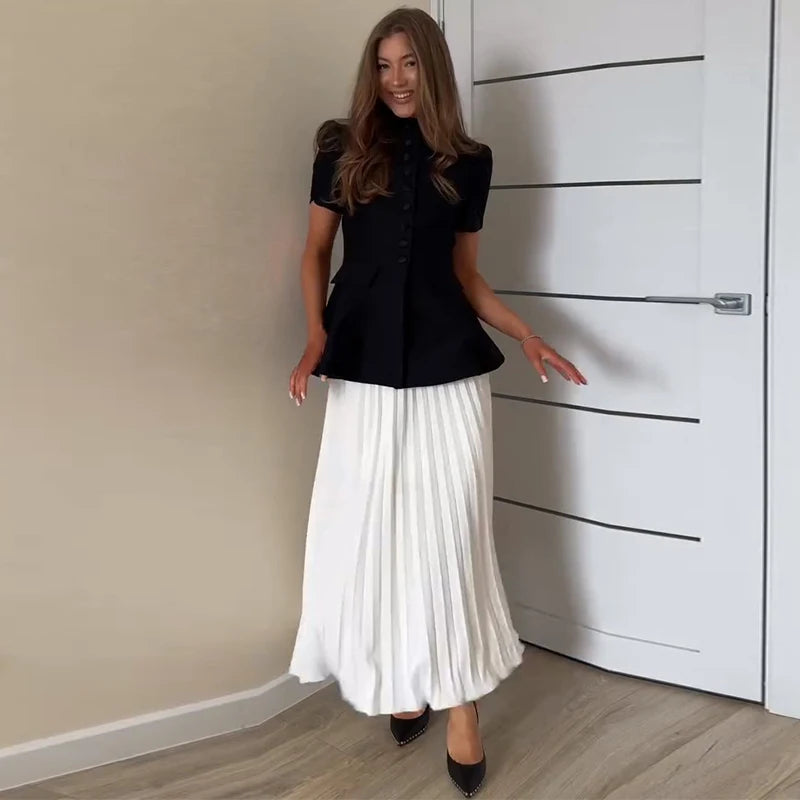 Elegant Short Sleeve Waist Single Breasted Top Pleated Midi Skirts Fashion A Line Skirt Set for Women 2026 Spring Female Outfits