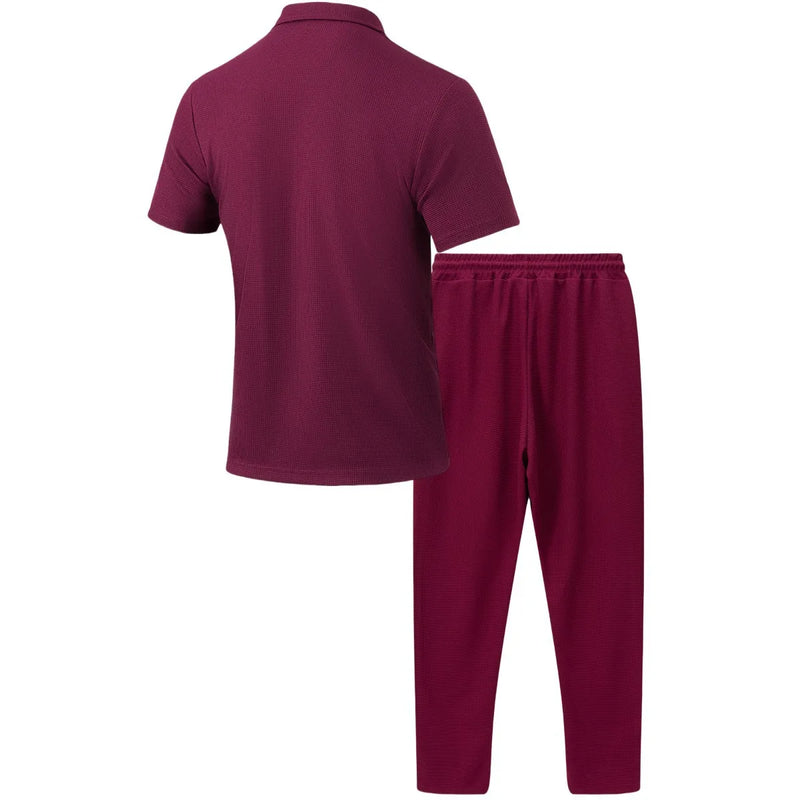 Conjunto de duas peças masculino, camisa casual leve, cor sólida, bolso com botão, tendência waffle, manga curta, calça, verão 2025