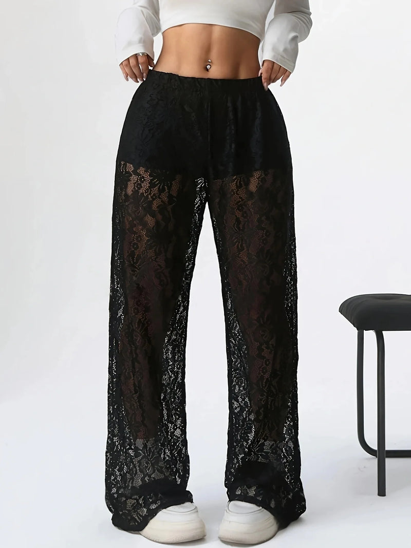 Calça casual de cintura renda jacquard micro transparente, emenda reta