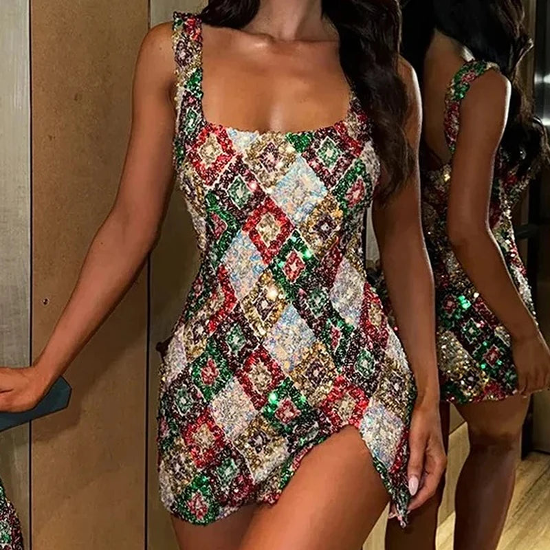 Elegant Luxury Club Party Rave Coquette Dresses for Women Sparkle Glitter Slim Fit Dress Multicolour Sequin Bodycon Mini Dress