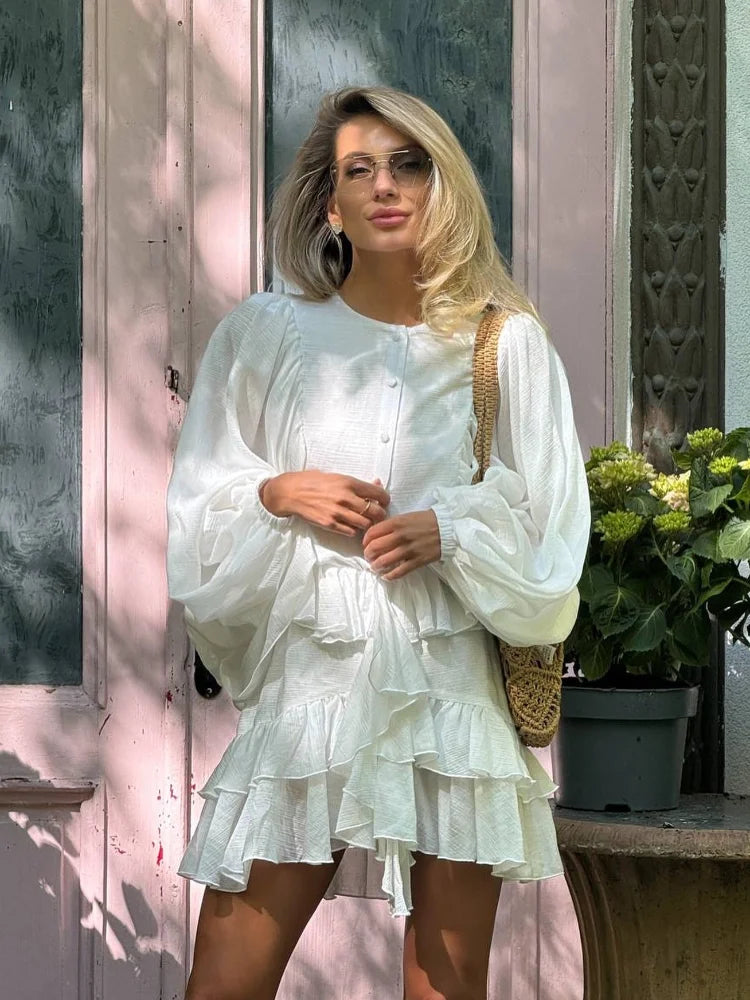 Vestido curto elegante com gola alta e borda de folha de lótus, retrô, floral, rosa, babados, manga comprida, moda urbana