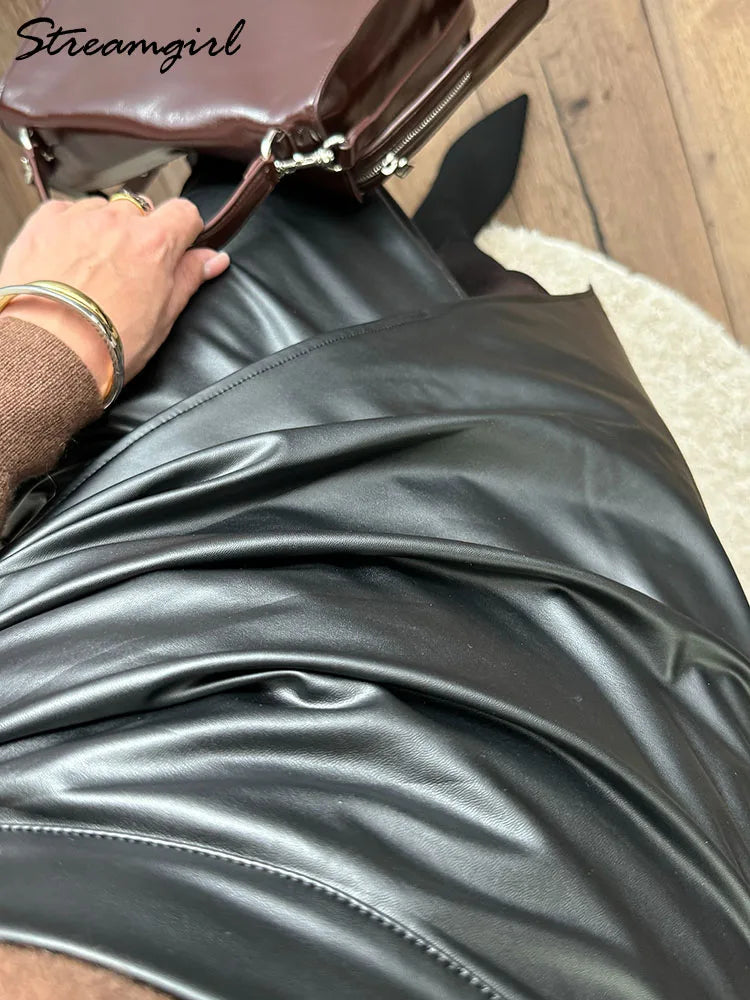 Women Midi Leather Skirt Sexy Split High Waist Zipper PU Front Slit Skirts Ladies Black Faux Leather Folded Skirt For Women