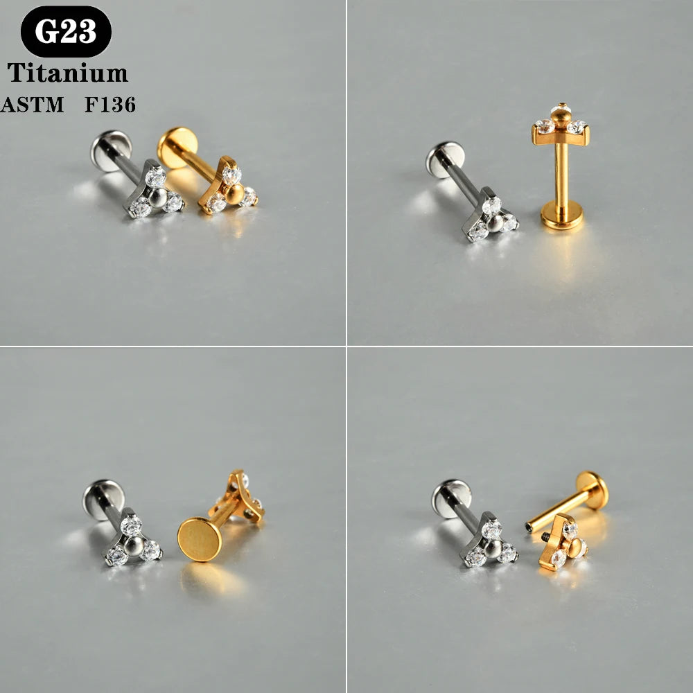 1PC ASTM F136 Titanium Zircon Flat Back Earring Flower Ear Studs Lobe Helix Tragus Cartilage Piercing Jewelry 16G