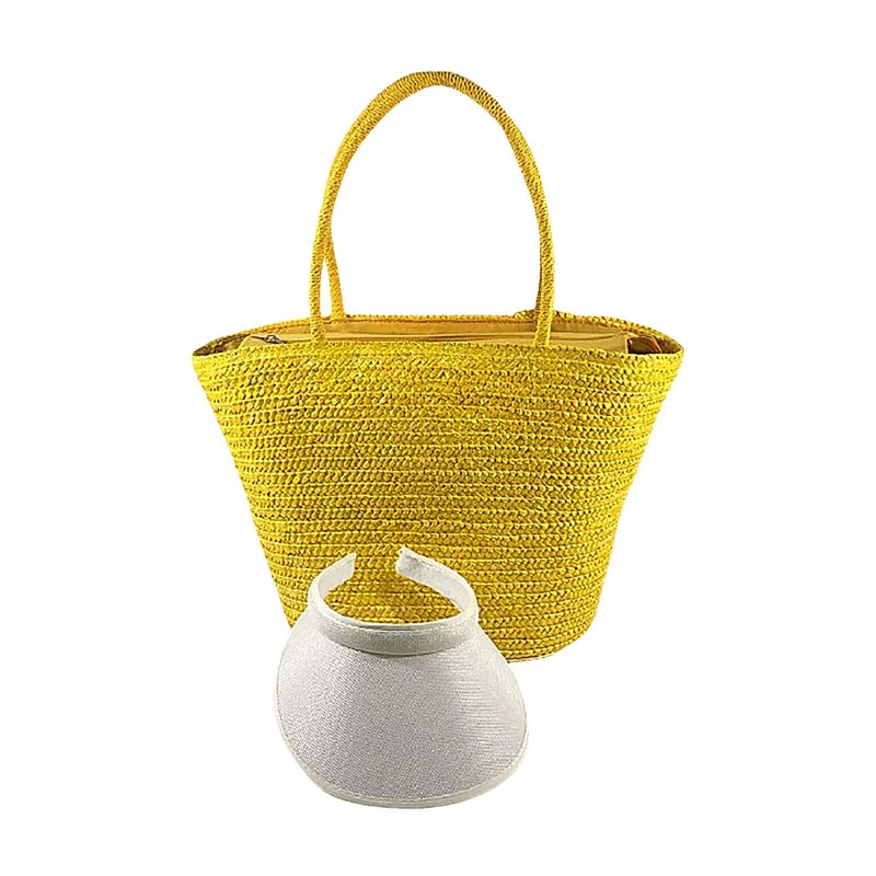Yellow Beach Bag Kit and Visor Travel Straw Bag Large Fashion Tote
