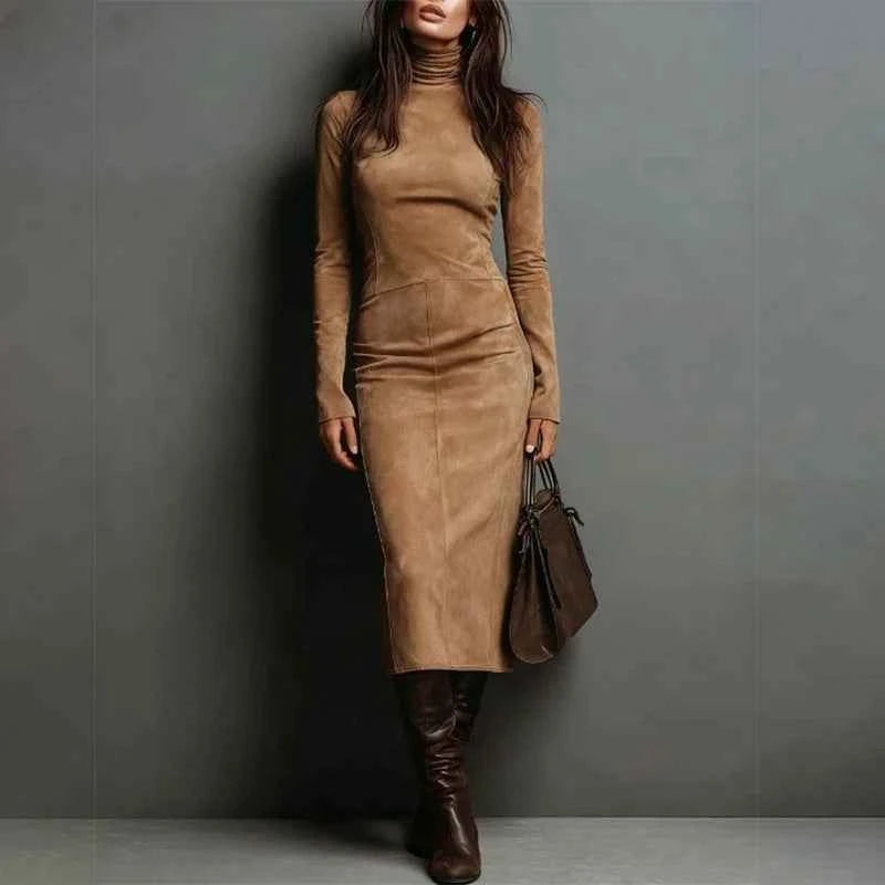 European American Women's Suede Turtleneck Long Sleeve Midi Dress Elegant Bodycon Dress for Autumn/Winter Fashion Party Clubwear