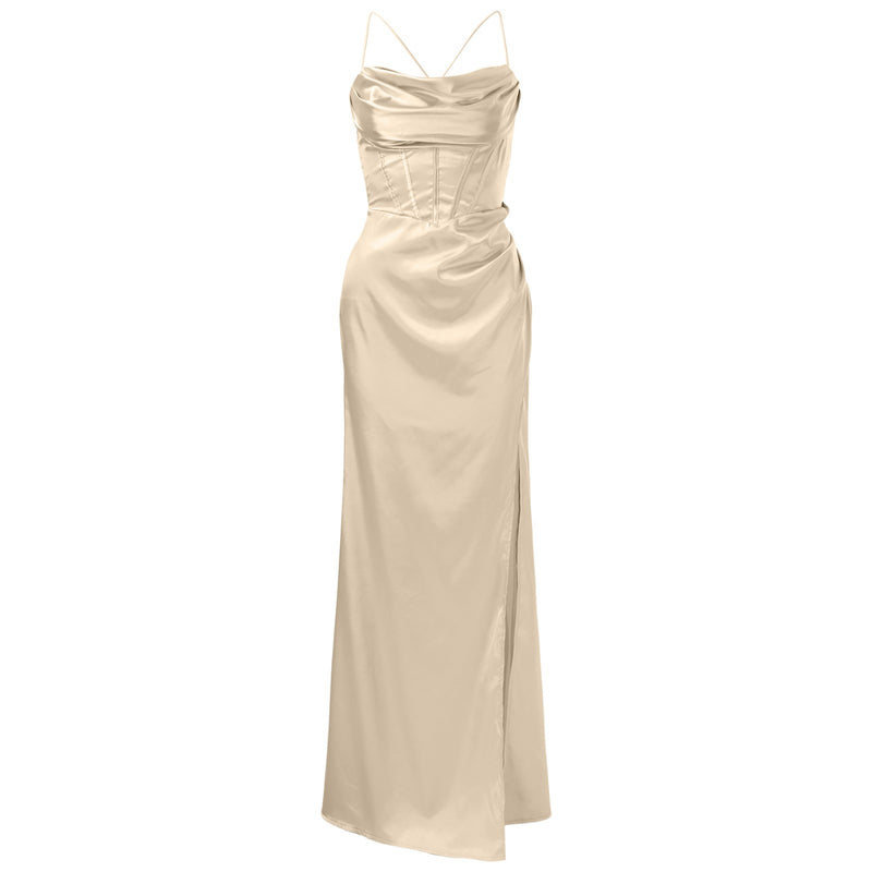 Women Sexy Satin Corset Maxi Dress Silky Strap Push Up Fishbone Ruched Evening Party Long Dresses Chic Elegant A-Line Dress