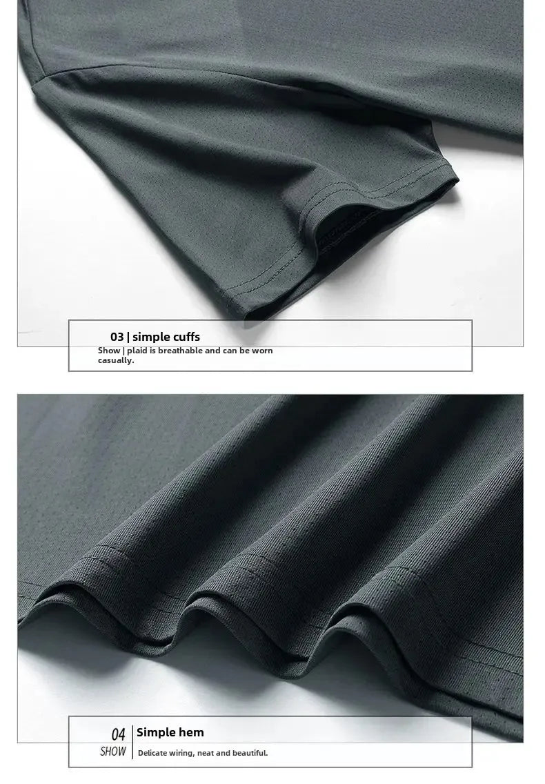 Camiseta masculina de manga curta, de seda gelada e secagem rápida, nova malha respirável, ajuste solto, gola redonda, camisa esportiva casual para o verão