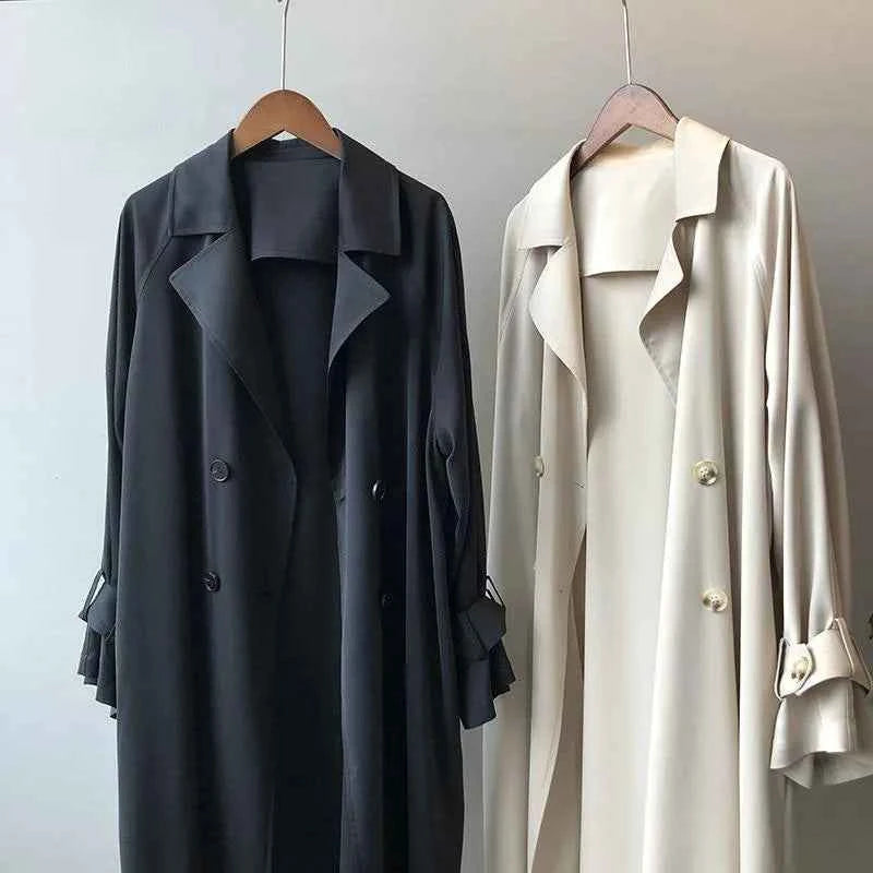 New Fashion Women's Long Trench Coat Spring Autumn Temperament Thin Windbreaker Coat Female Casual Parker Overcoat Apricot Black