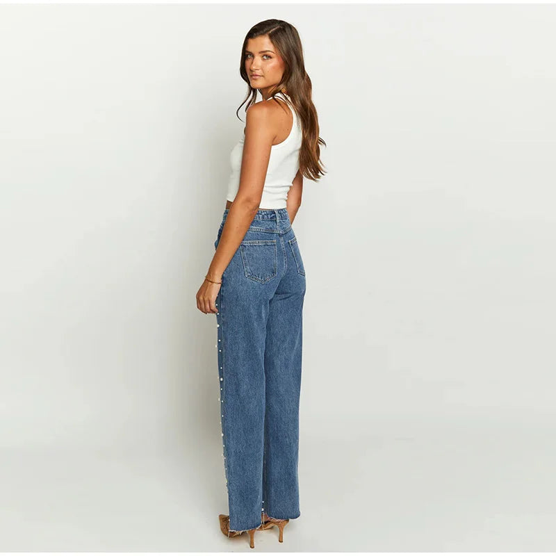 Calça jeans feminina moderna de cintura alta com perna reta e design chique de contas cravejadas, calça feminina casual e moderna de rua