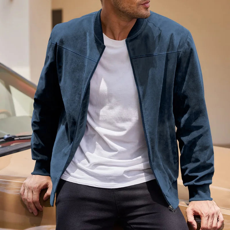 Men's Business Casual Suede Jacket Zipper Collar Warm Sporty Outerwear Polyester Fabric Long Sleeve round Hem Knitted Sleeve