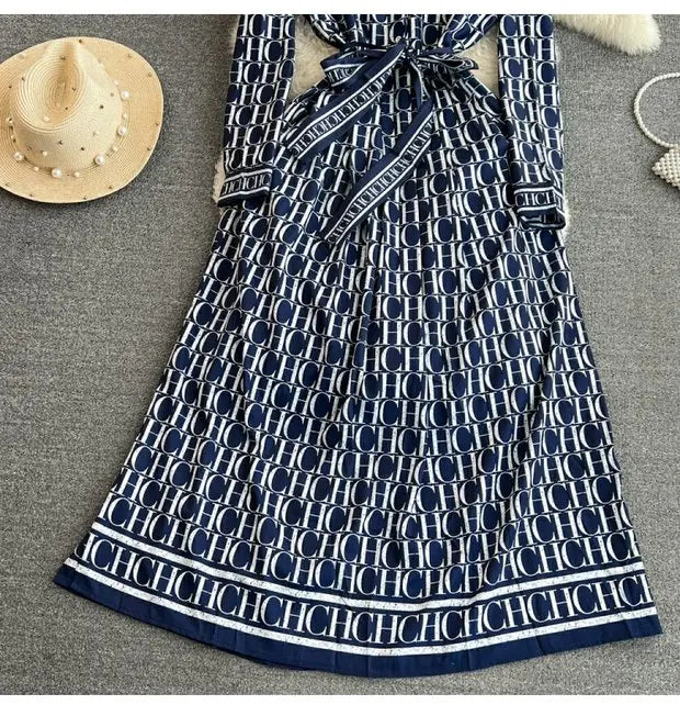 Elegant Retro Long Sleeve Print Shirt Dress Slimming A-Line High Waist Spring Autumn Korean Style Women's City Commute Dress