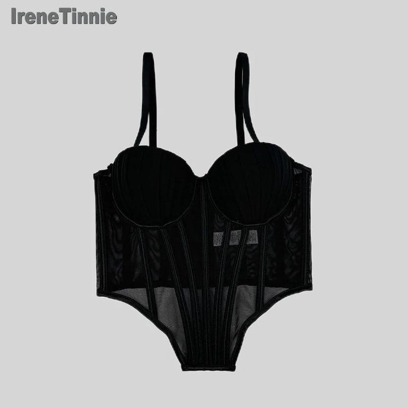 Corpete transparente de malha feminino, faixa espinha de peixe na cintura, corpete bustiê, tops sensuais