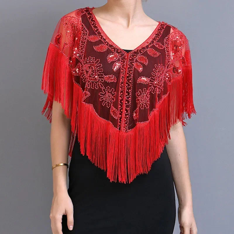 Summer Sequins Tassels Poncho Women Coat Party Outfits Cape Mesh Jacket Ladies Cloak Shawls Casaco Outerwear Wraps Woman Clothes
