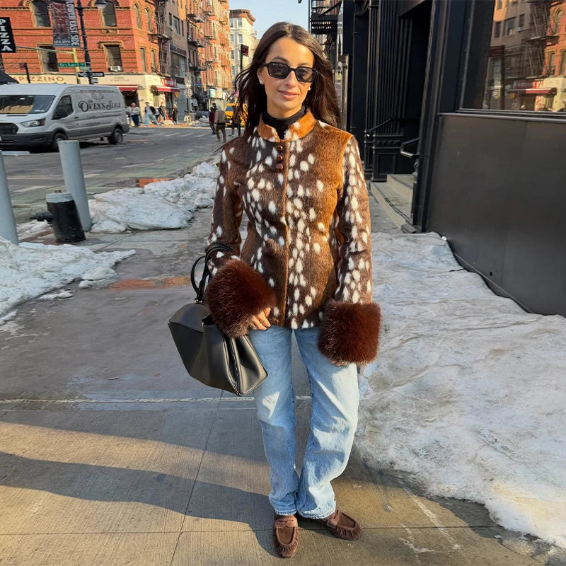 Spring Thin Fur Women's Coat Fashion Leopard Print Full Sleeve Female Jackets 2026 Spring Street New Single Breasted Lady Coats