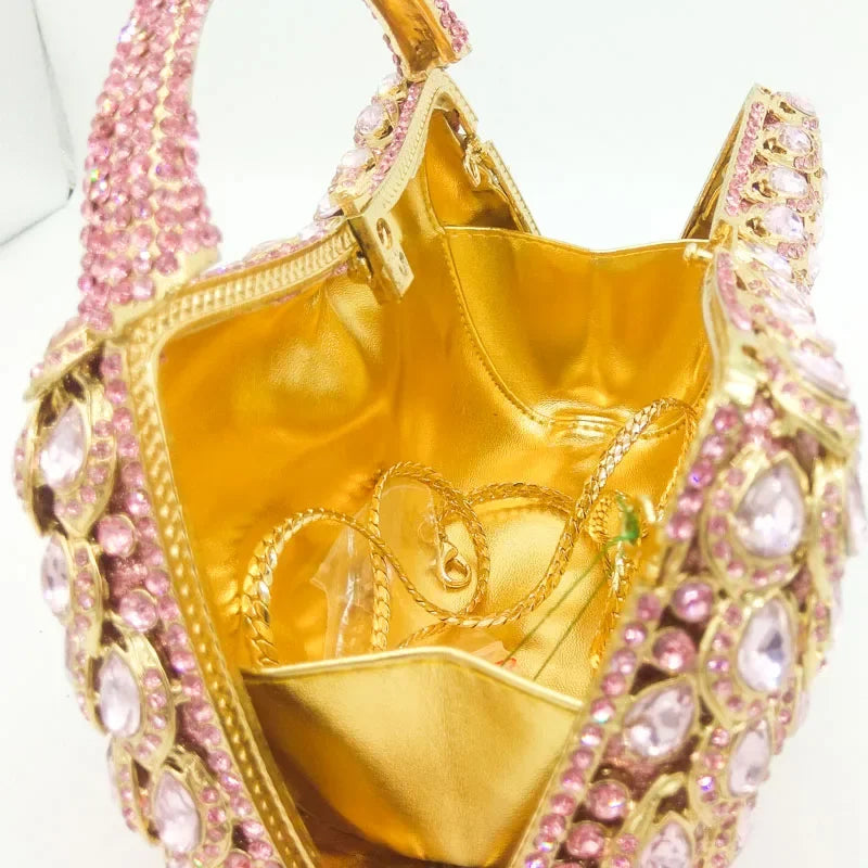 Boutique De FGG Pink Crystal Rhinestone Clutch Handbag Women Metal Minaudiere Top Handle Tote Purse Wedding Party Evening Bag