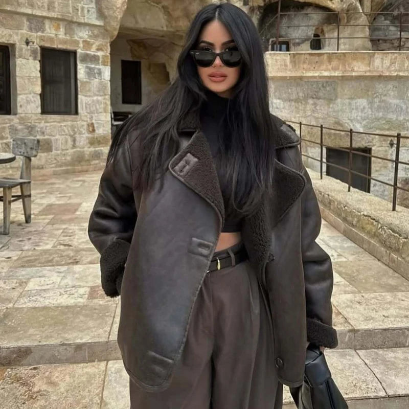 HXAO Faux Leather Jacket Winter Coat Female Button Long Sleeve Brown Jacket Demi-Season Faux Wool Coats And Mixtures Jacket